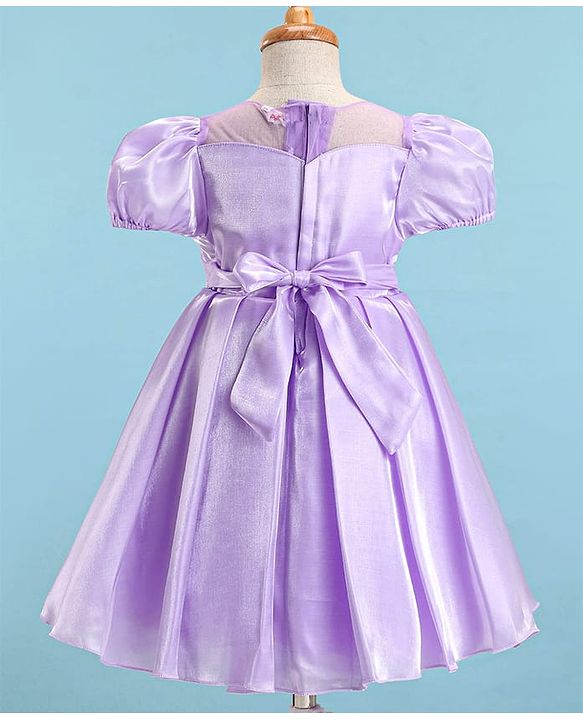 Babyhug Woven Half Puffed Sleeves Solid Colour Fit & Flared Pleated Party Dress with Pearl Detailing - Lilac
