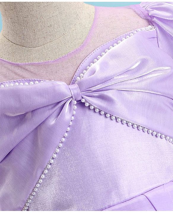 Babyhug Woven Half Puffed Sleeves Solid Colour Fit & Flared Pleated Party Dress with Pearl Detailing - Lilac