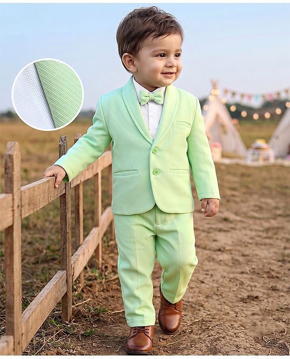 Babyhug Woven Full Sleeves Solid Colour 3 Piece Party Suit with Bow - Green & White