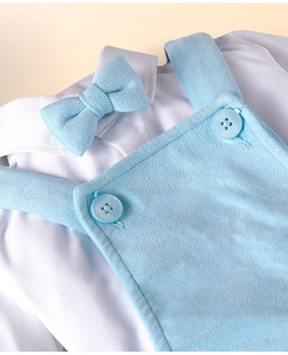 Babyhug Woven Full Sleeves Party Wear Shirt With Dungaree Suspendors & Cap -  Light Blue