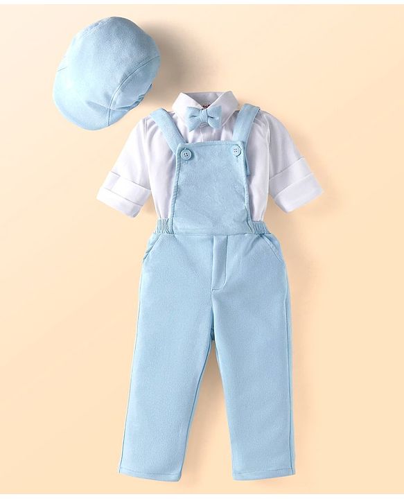 Babyhug Woven Full Sleeves Party Wear Shirt With Dungaree Suspendors & Cap -  Light Blue