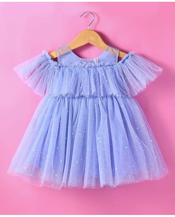 Babyhug Woven Cold Shoulder Sleeves Glitter Printed Fit & Flared Party Frock with Frill Detailing - Light Blue