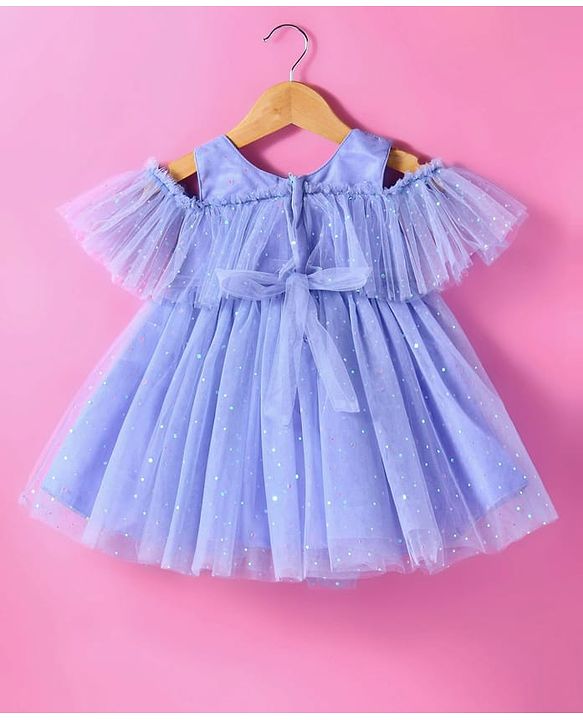 Babyhug Woven Cold Shoulder Sleeves Glitter Printed Fit & Flared Party Frock with Frill Detailing - Light Blue