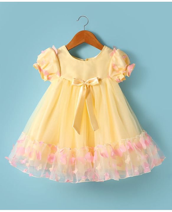 Babyhug Woven Half Puffed Sleeves Fit & Flared Party Dress with 3D Butterfly Applique & Bow Detailing - Yellow