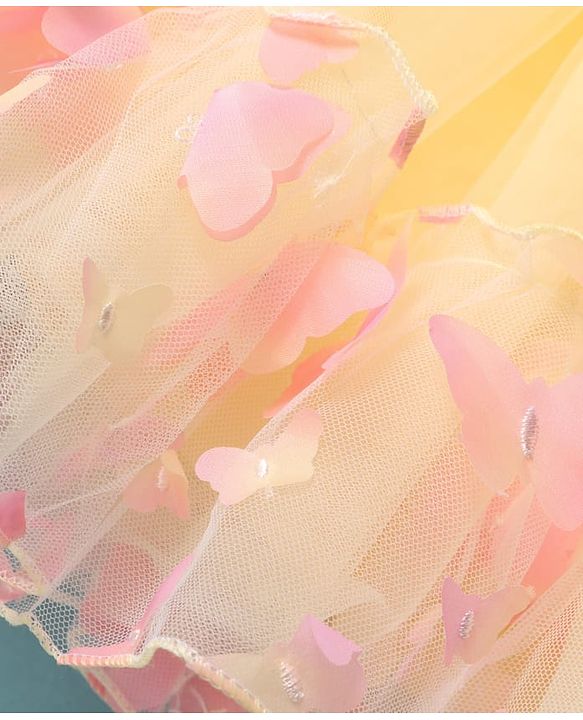 Babyhug Woven Half Puffed Sleeves Fit & Flared Party Dress with 3D Butterfly Applique & Bow Detailing - Yellow