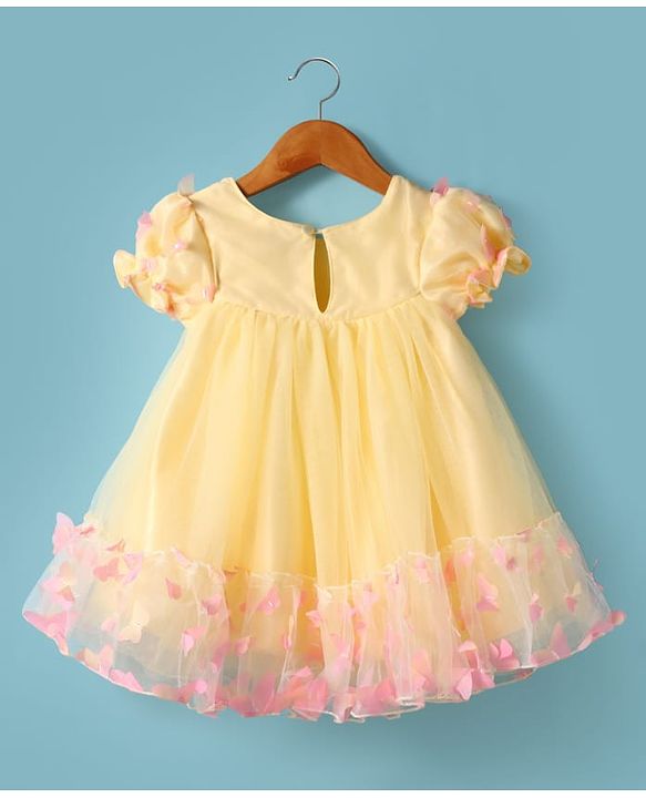 Babyhug Woven Half Puffed Sleeves Fit & Flared Party Dress with 3D Butterfly Applique & Bow Detailing - Yellow