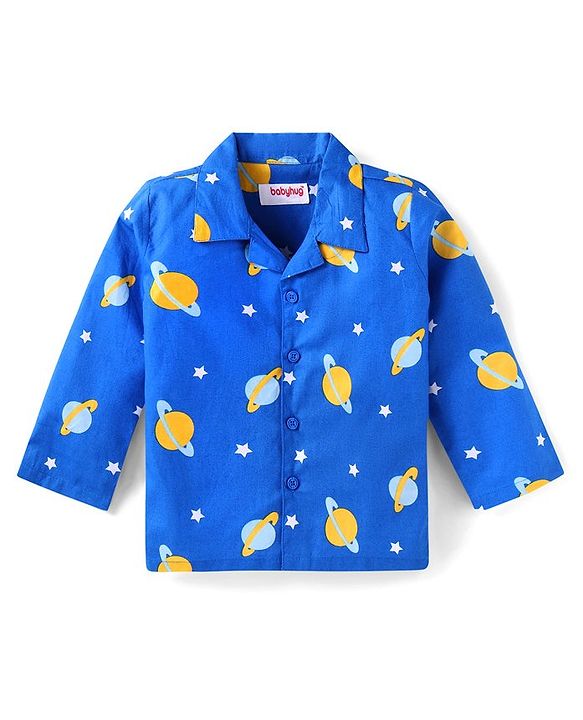 Babyhug Cotton Woven Full Sleeves Night Suit Space Theme Print - Blue
