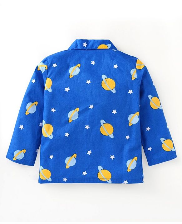 Babyhug Cotton Woven Full Sleeves Night Suit Space Theme Print - Blue