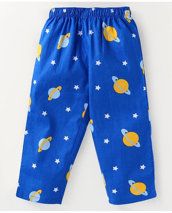 Babyhug Cotton Woven Full Sleeves Night Suit Space Theme Print - Blue