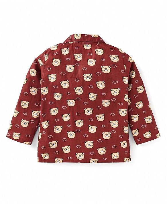Babyhug Cotton Woven Full Sleeves Front Open Night Suit With Bear Print - Maroon