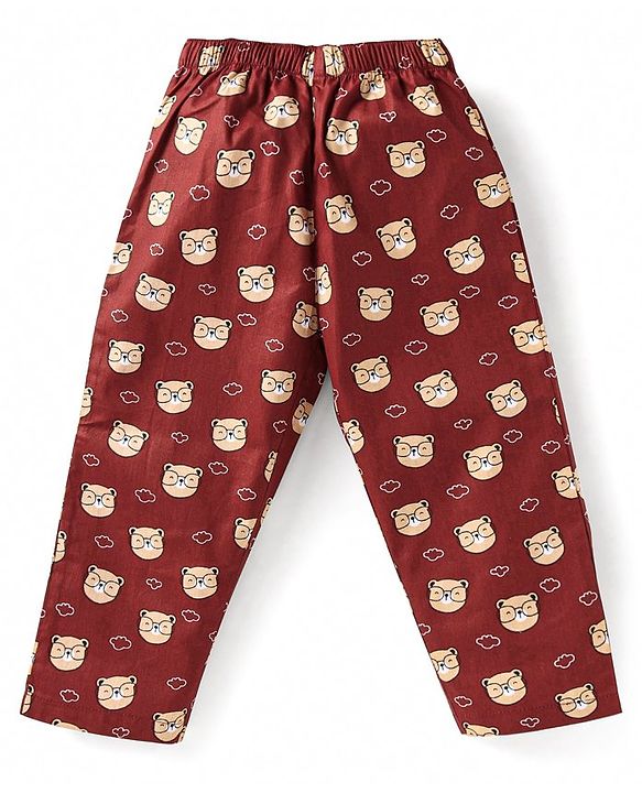 Babyhug Cotton Woven Full Sleeves Front Open Night Suit With Bear Print - Maroon