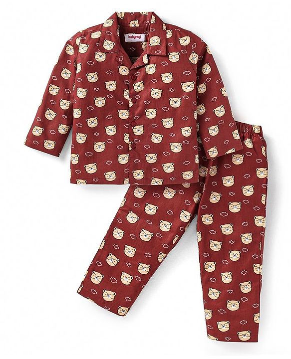 Babyhug Cotton Woven Full Sleeves Front Open Night Suit With Bear Print - Maroon