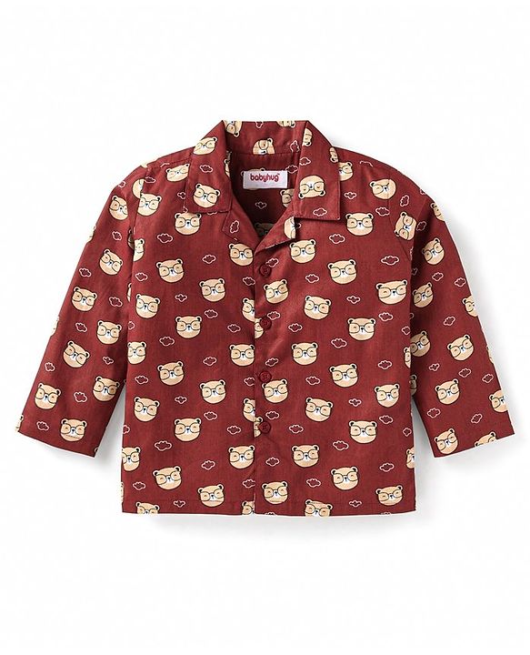 Babyhug Cotton Woven Full Sleeves Front Open Night Suit With Bear Print - Maroon
