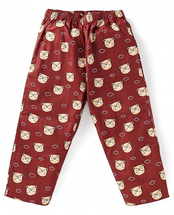 Babyhug Cotton Woven Full Sleeves Front Open Night Suit With Bear Print - Maroon