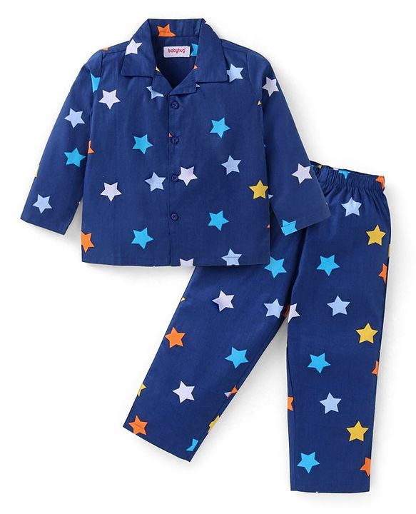 Babyhug Cotton Woven Full Sleeves Night Suit with Star Print - Navy Blue