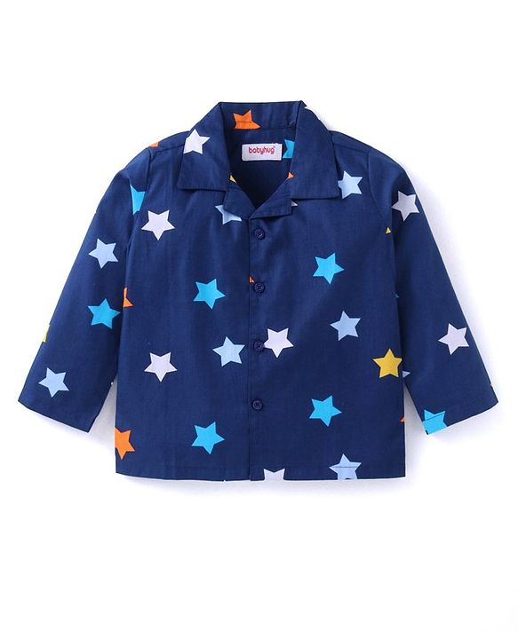 Babyhug Cotton Woven Full Sleeves Night Suit with Star Print - Navy Blue