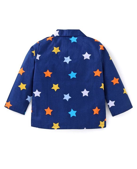Babyhug Cotton Woven Full Sleeves Night Suit with Star Print - Navy Blue