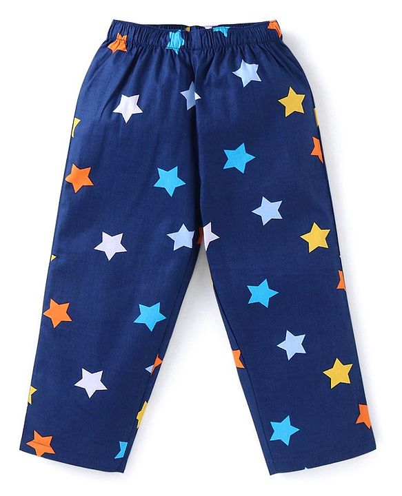 Babyhug Cotton Woven Full Sleeves Night Suit with Star Print - Navy Blue