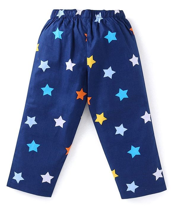 Babyhug Cotton Woven Full Sleeves Night Suit with Star Print - Navy Blue