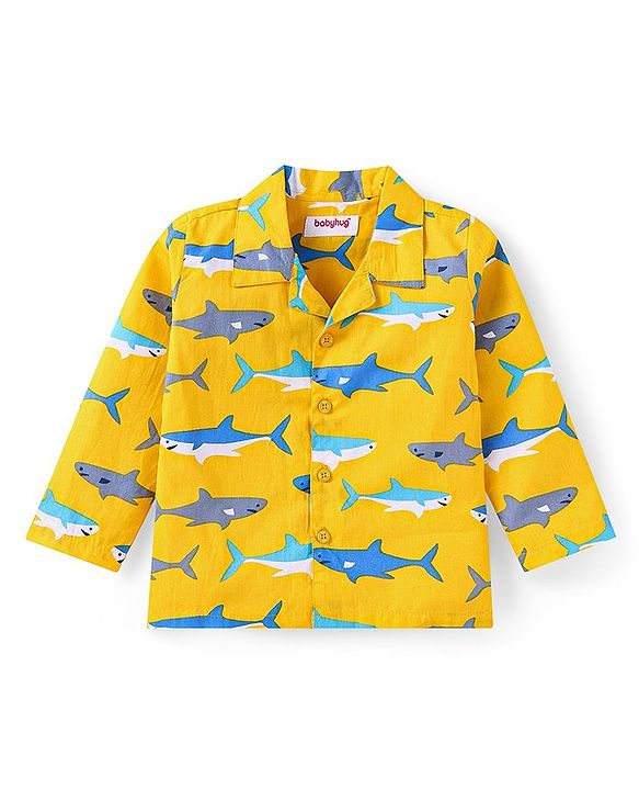 Babyhug Cotton Woven Full Sleeves Front Open Collared Night Suit Whale Print - Mustard