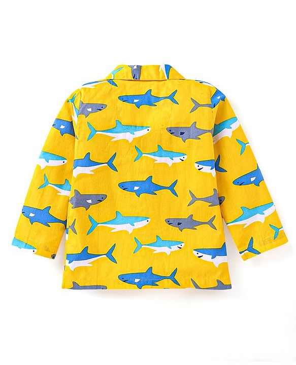 Babyhug Cotton Woven Full Sleeves Front Open Collared Night Suit Whale Print - Mustard