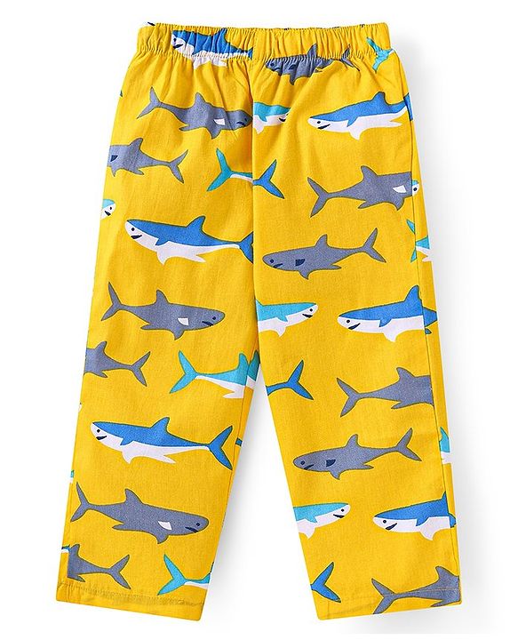 Babyhug Cotton Woven Full Sleeves Front Open Collared Night Suit Whale Print - Mustard