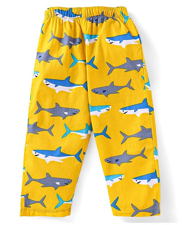 Babyhug Cotton Woven Full Sleeves Front Open Collared Night Suit Whale Print - Mustard