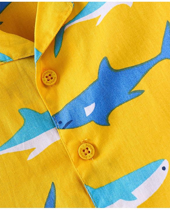 Babyhug Cotton Woven Full Sleeves Front Open Collared Night Suit Whale Print - Mustard