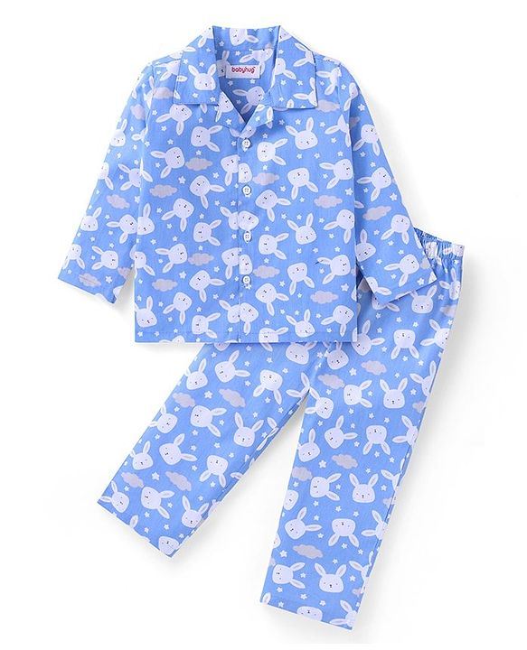 Babyhug Cotton Woven Full Sleeves Front Open Night Suit With Bunnies Print - Blue