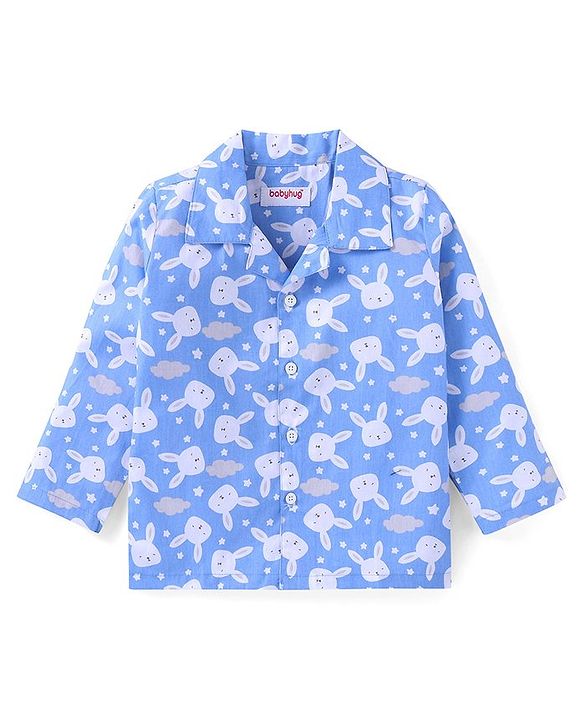 Babyhug Cotton Woven Full Sleeves Front Open Night Suit With Bunnies Print - Blue