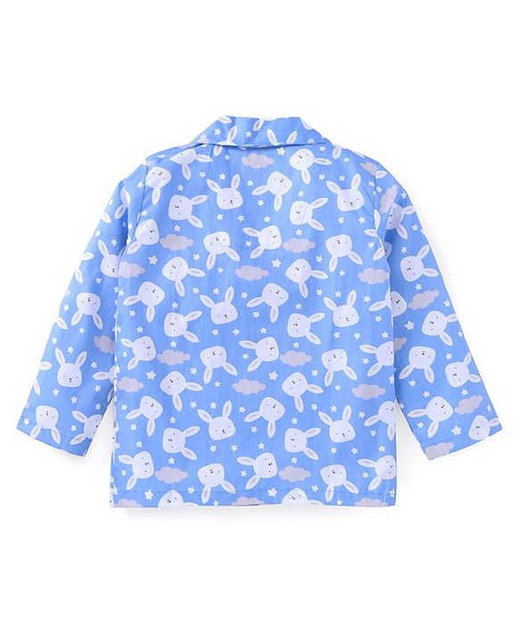 Babyhug Cotton Woven Full Sleeves Front Open Night Suit With Bunnies Print - Blue