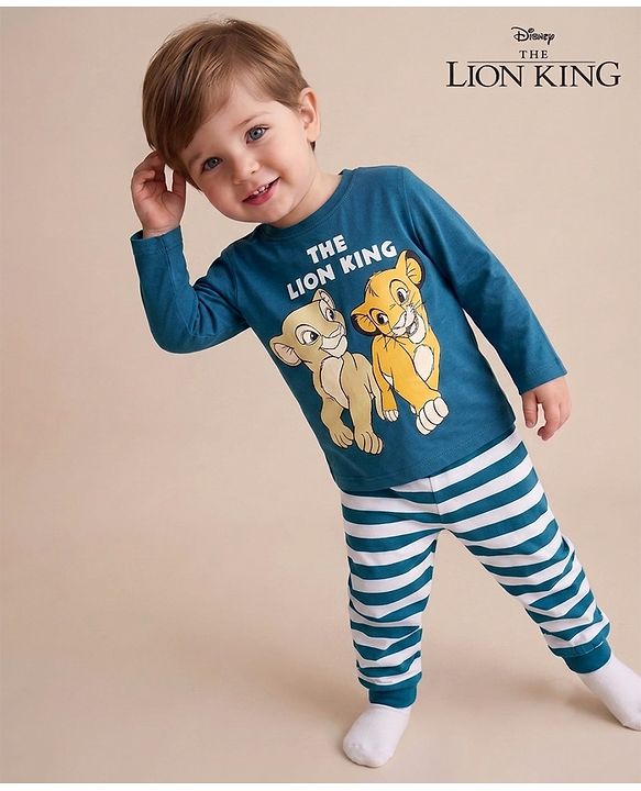 Babyhug Disney Single Jersey Knit Full Sleeves Night Suit With Lion King & Friends Graphic - Blue