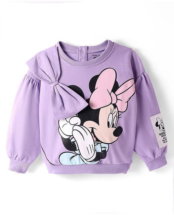 Babyhug Disney Terry Knitted Full Sleeves Sweatshirt With Minnie Mouse Design Bow & Badge Detailing - Purple