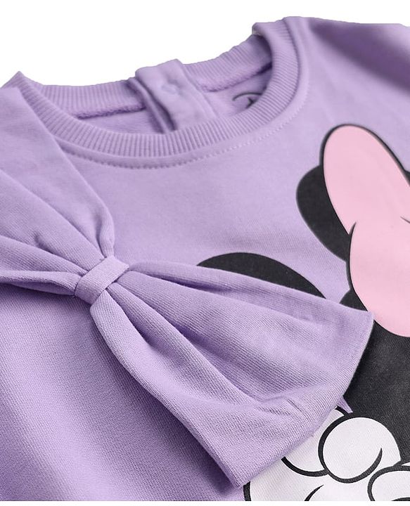 Babyhug Disney Terry Knitted Full Sleeves Sweatshirt With Minnie Mouse Design Bow & Badge Detailing - Purple