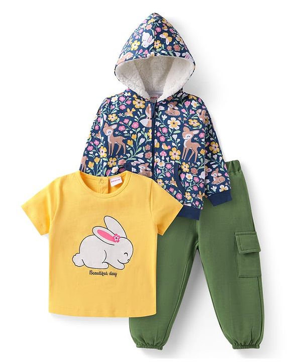 Babyhug Terry Knit Half Sleeves Bunny Printed Top & Lounge Pant With Floral Printed Hooded Sweat Jacket - Yellow