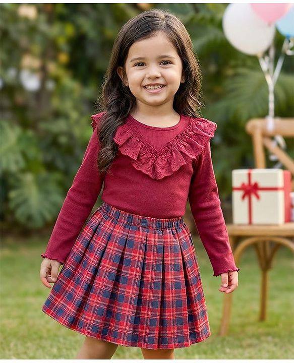 Babyhug Cotton Knit Full Sleeves Ribbed Top & Checkered Skirt Set - Maroon