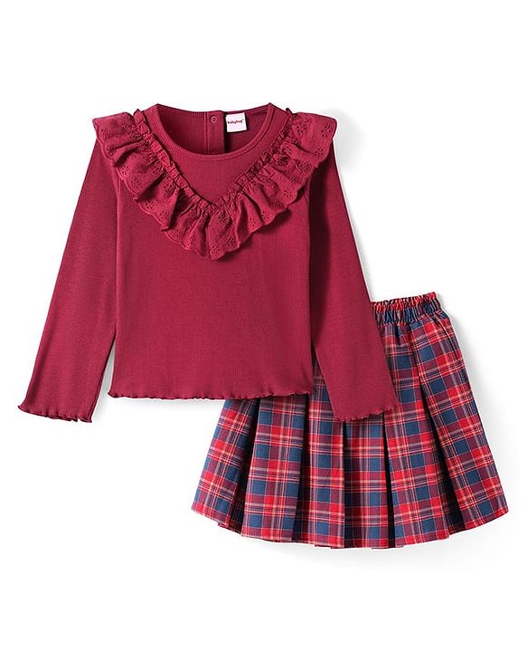 Babyhug Cotton Knit Full Sleeves Ribbed Top & Checkered Skirt Set - Maroon