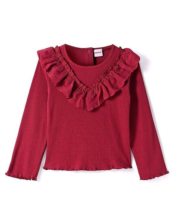 Babyhug Cotton Knit Full Sleeves Ribbed Top & Checkered Skirt Set - Maroon