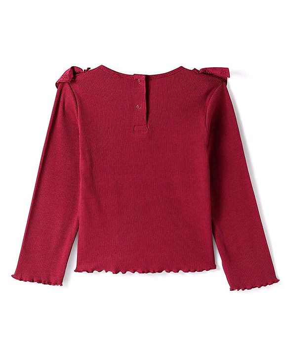 Babyhug Cotton Knit Full Sleeves Ribbed Top & Checkered Skirt Set - Maroon