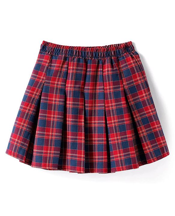 Babyhug Cotton Knit Full Sleeves Ribbed Top & Checkered Skirt Set - Maroon