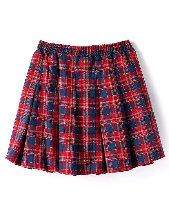 Babyhug Cotton Knit Full Sleeves Ribbed Top & Checkered Skirt Set - Maroon