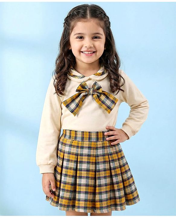 Babyhug Terry Knit Full Sleeves Top & Checkered Skirt Set With Bow Applique - White