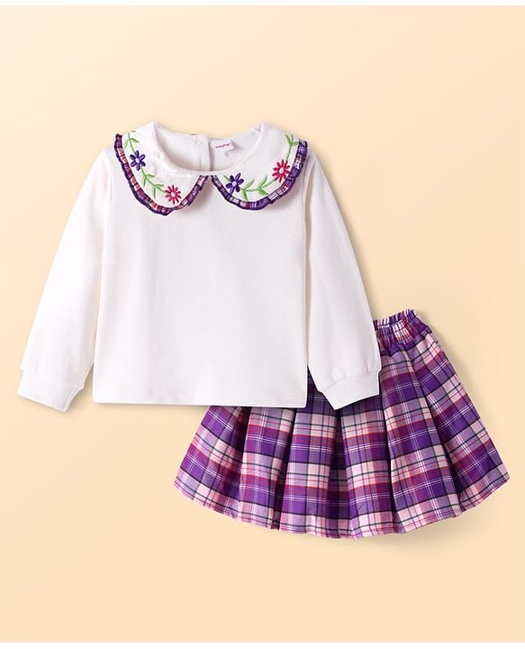 Babyhug Terry Knit Full Sleeves Top & Checkered Skirt Set With Floral Embroidery & Peter Pan Collar - White & Purple