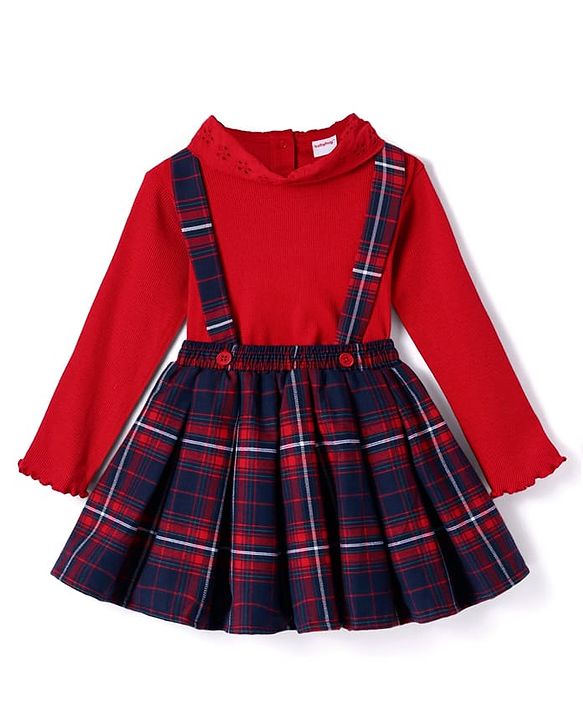 Babyhug Cotton Knit Full Sleeves Ribbed Top & Checkered Skirt Set - Red