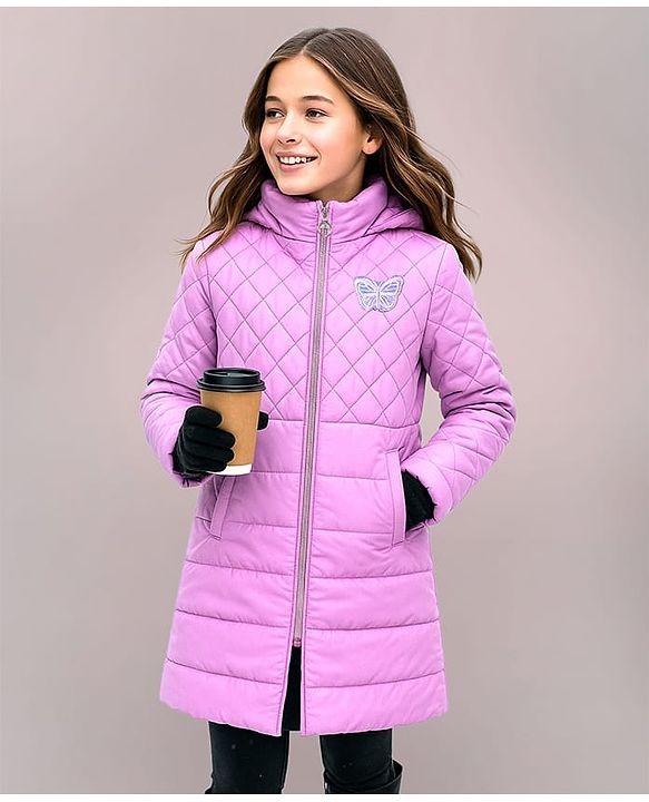 Pine Kids Woven Full Sleeves High Neck Padded Quilted Jacket with Butterfly Patch Detailing - Mauve