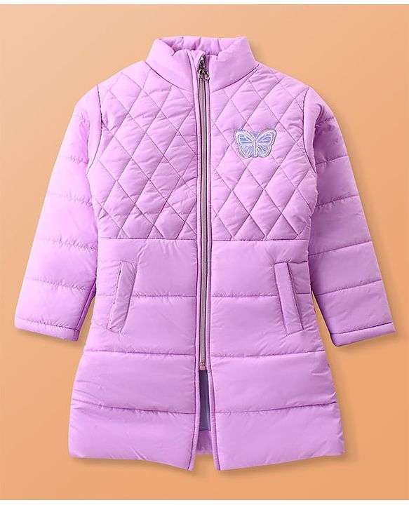 Pine Kids Woven Full Sleeves High Neck Padded Quilted Jacket with Butterfly Patch Detailing - Mauve