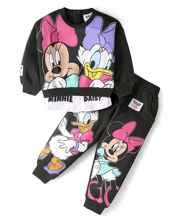 Babyhug Disney Terry Knit Full Sleeves Overlapped Sweatshirt & Lounge Pant with Minnie Mouse Graphics - Charcoal Grey