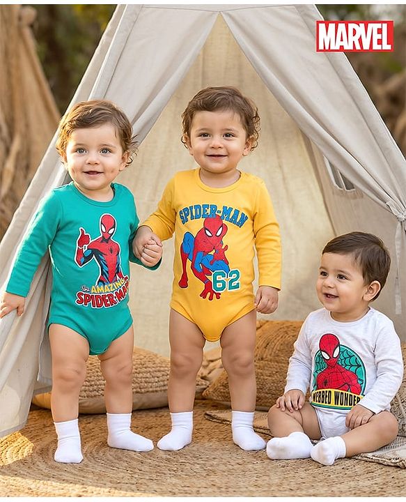 Babyhug Marvel Interlock Knit Full Sleeves Spider Man Printed Onesies Pack of 3 - Yellow Blue & White