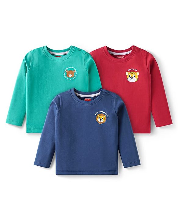 Babyhug Cotton Knit Full Sleeves T-Shirts with Animals  Print Pack of 3 - Blue Red & Green