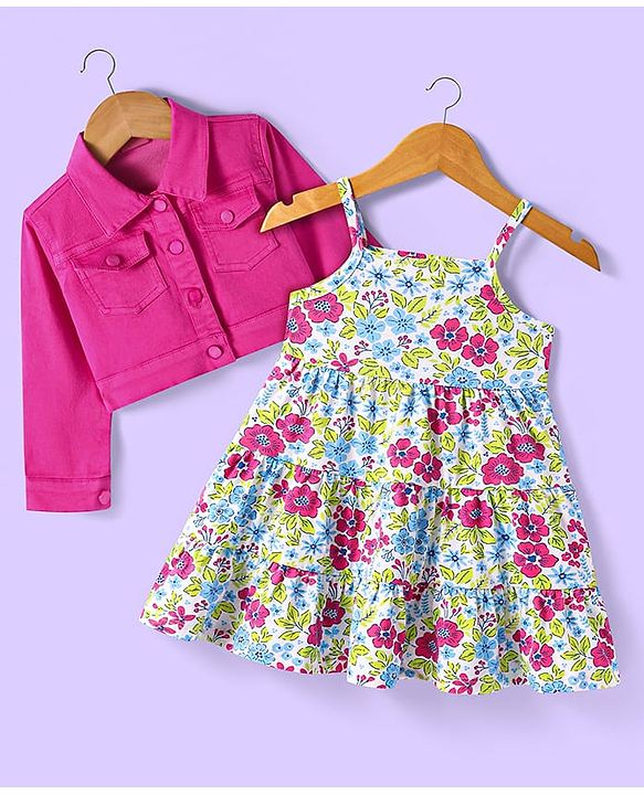 Babyhuhg Cotton Knit Full Sleeves Solid Colour Jacket with Floral Printed Tiered Frock - White & Dark Pink